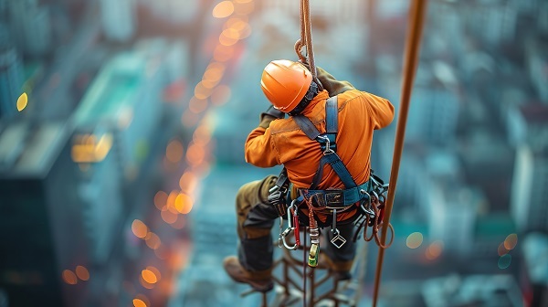 Construction engineer worker at heights on top of building with suspended cables and fall protection.
