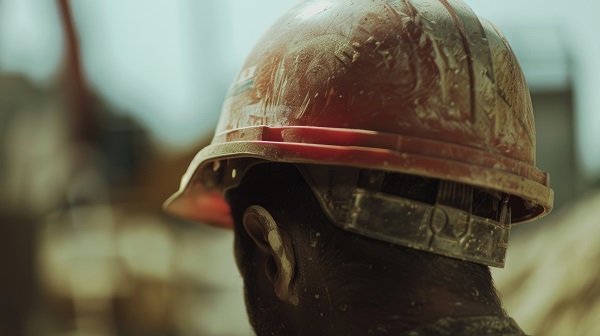 Close up of a construction worker wearing a hard hat.